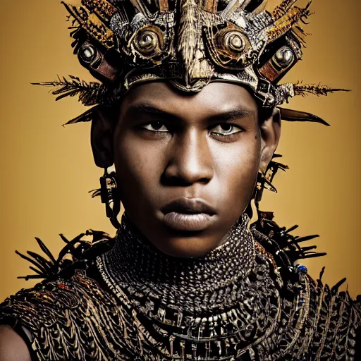 Image similar to a portrait of a beautiful young tribal male wearing an alexander mcqueen armor , photographed by andrew thomas huang, artistic