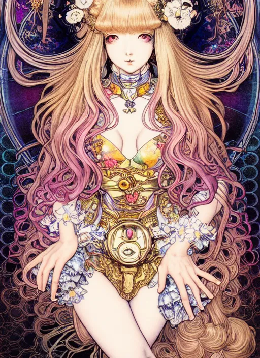 Image similar to highly detailed terada katsuya ayami kojima atrstation manga poster of princess mechine, rainbow gradient reflection, cute face by artgerm, art nouveau, long hair, armor, dress, laces, ruffles, 8 k, maximalist, golden ratio, alphonse mucha