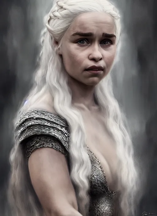 Prompt: emilia clarke as queen daenerys stormborn, by anne stokes, detailed matte painting, realistic portrait, symmetrical, highly detailed, digital painting, artstation, concept art, smooth, sharp focus, illustration, cinematic lighting, 8 k resolution