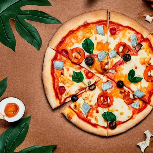 Image similar to A 🍕 made entirely out of 🥥 , 🥥 🍕 hybrid, 4k food photography