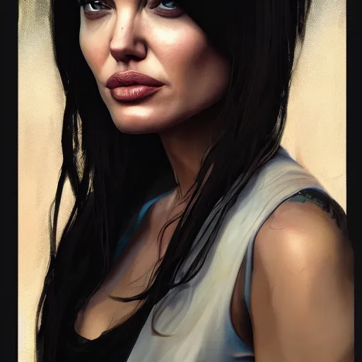 Image similar to Angelina Jolie as a grand theft auto 5 loading screen, very detailed face, gorgeous, beautiful, intricate, highly detailed, digital painting, artstation, concept art, sharp focus, illustration, art by greg rutkowski and alphonse mucha