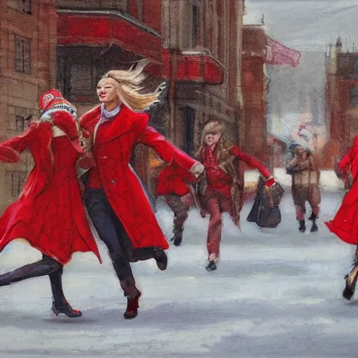 Image similar to sprinting women, wearing red coats, by jon foster