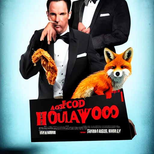 Prompt: hollywood quality poster for an action movie about foxes in tuxedos stealing fried chicken, promotional media