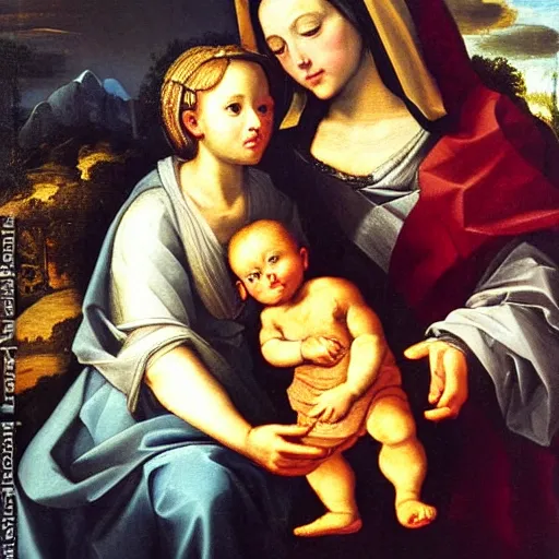 Prompt: very detailed oil painting of The Virgin Mary with God Child, landscape background, by Carracci