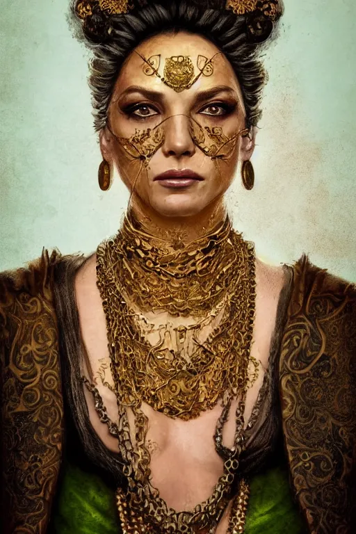 Prompt: portrait, headshot, digital painting, of a 17th century, beautiful, middle aged, middle eastern, wrinkles, decadent, cyborg noble woman, dark hair, piercings, chains, gold tatoos, amber jewels, baroque, ornate dark green opulent clothing, scifi, futuristic, realistic, hyperdetailed, concept art, dramatic backlighting, golden hour, cinestill, art by syd mead