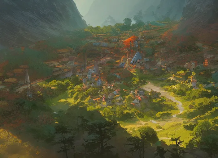 Image similar to concept art painting of a distant small woodland village by a river in a mountain valley seen from above, early morning, european japanese buildings, cel shaded, realistic, by makoto shinkai and moebius and anton fadeev and greg rutkowski and james gurney