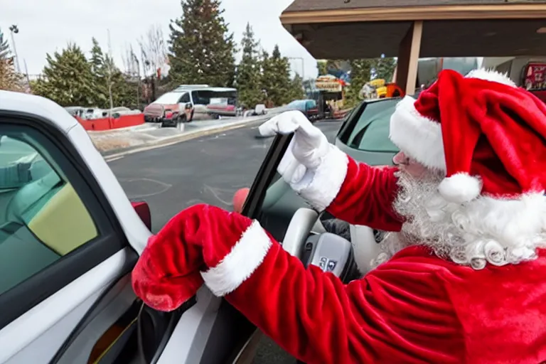 Image similar to santa claus working in a mcdonald's drive-thru