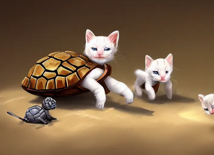 Image similar to white soldier kittens riding turtles going into battle, cute, digital oil painting, trending on artstation