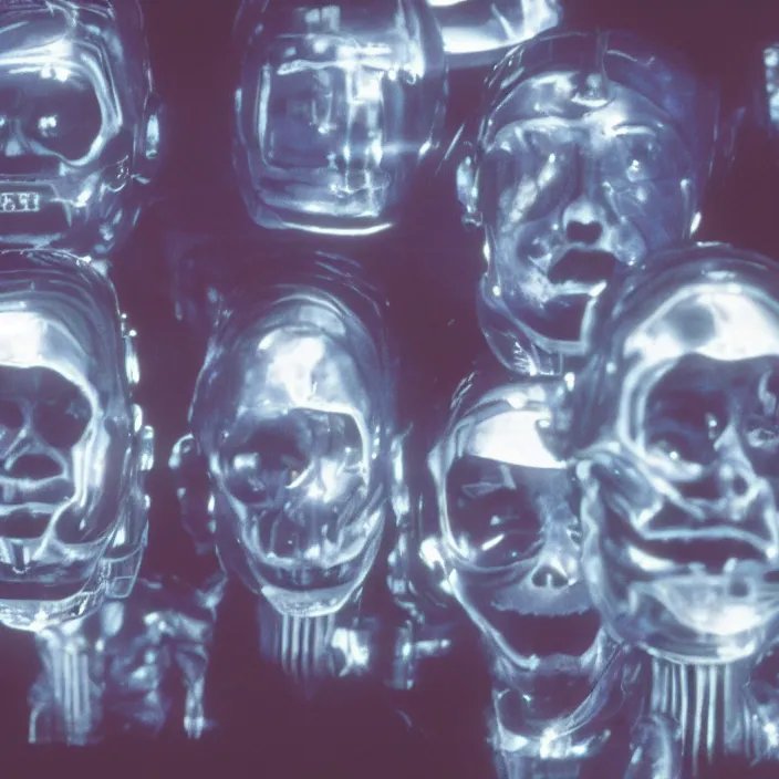 Prompt: five badly lit translucent cyborg heads lying on the shelf in the dark warehouse, sci - fi, film still from johnny mnemonic, wide lens, cinematic, 8 k