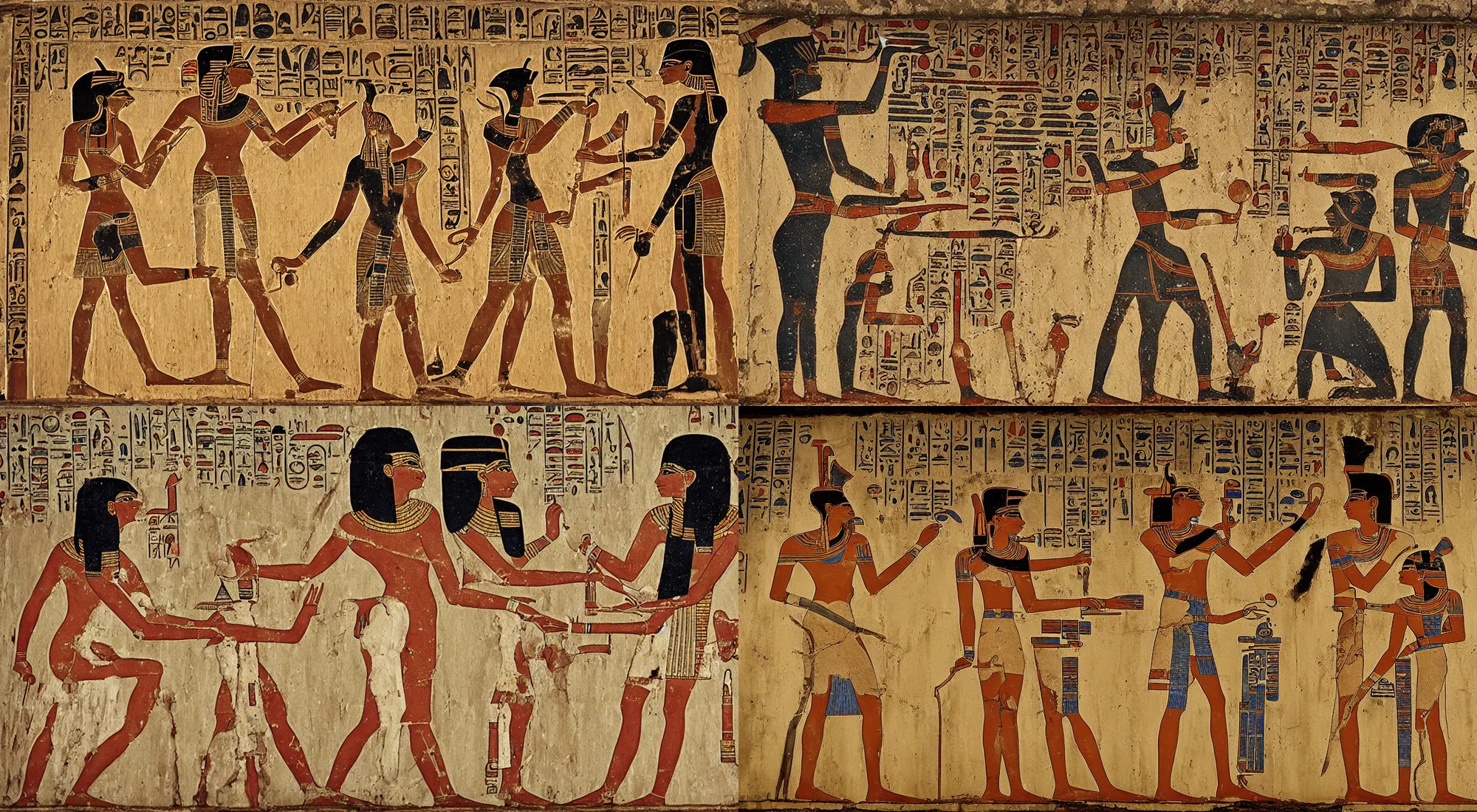 Prompt: a photo of an ancient egyptian wall painting of Thoth and Anubis playing roland synthesizers