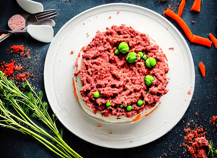 Prompt: dslr food photograph of a birthday cake iced with mashed potatoes and topped with ground beef carrots and peas, 8 5 mm f 1. 8