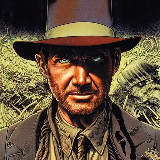 Prompt: portrait closeup of crazy indiana jones, symmetrical, by yoichi hatakenaka, masamune shirow, josan gonzales and dan mumford, ayami kojima, takato yamamoto, barclay shaw, karol bak, yukito kishiro