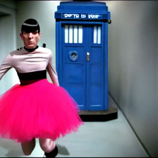 Image similar to color photo of spock in a tutu exiting the tardis