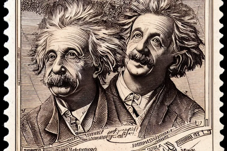 Image similar to an engraved portrait of albert einstein surrounded by intricate equations of theory of relativity, detailed!!! copper - plate engraving in the style of a postage stamp, freemason symbol, fine!!! lines, engraved by alfred sealey, bureau of engraving and printing