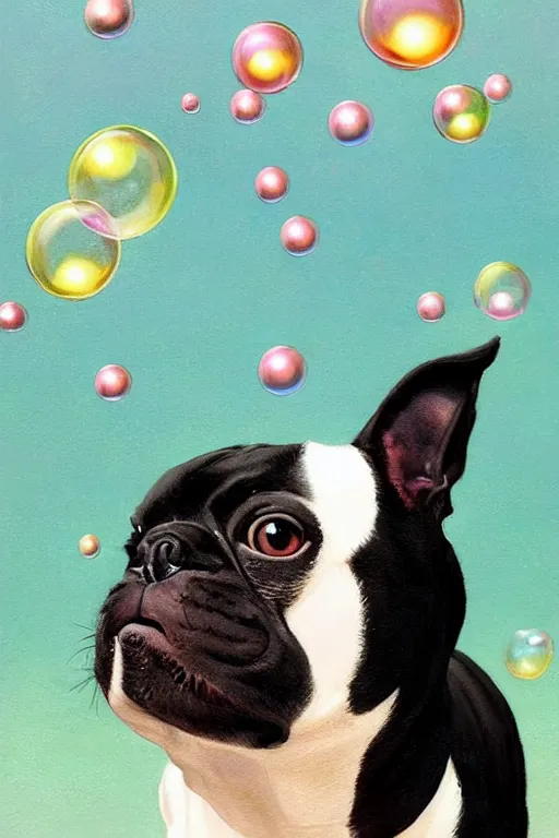 Image similar to a boston terrier chasing bubbles. clean elegant painting, beautiful details, lots of bubbles. by artgerm and greg rutkowski