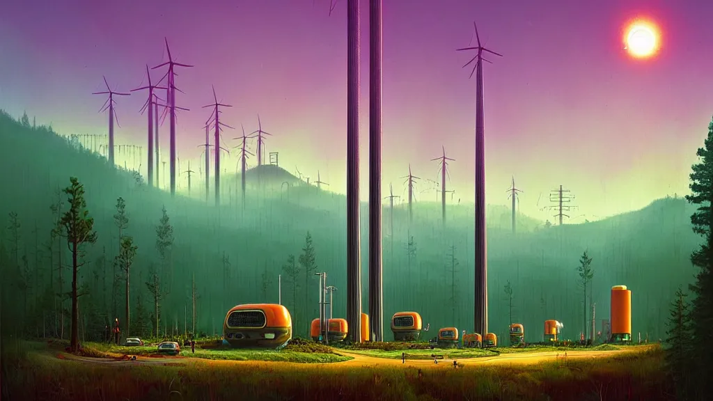 Prompt: Clean, Cheap Abundant,Nuclear Energy Future, Forest in Harmony with Nature; Location: San Francisco, California; by Simon Stålenhag; retro-futuristic ; retro natural-futurism;