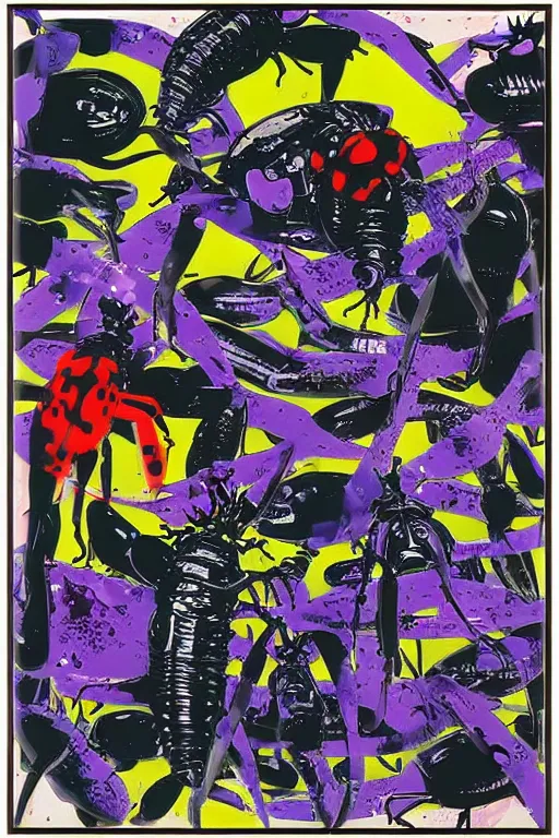 Image similar to mimmo rotella, violet polsangi, frank miller as return of ninja bugs by pop art, white frame