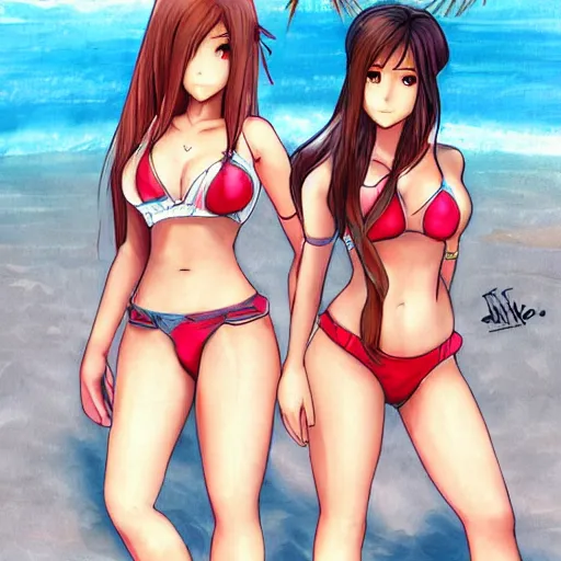 Image similar to beautiful aerith and tifa and jessie from final fantasy in a bikini on the beach making eye contact drawn by WLOP