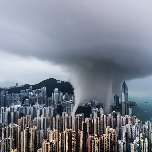 Prompt: a tornado ripping through the city of hong kong