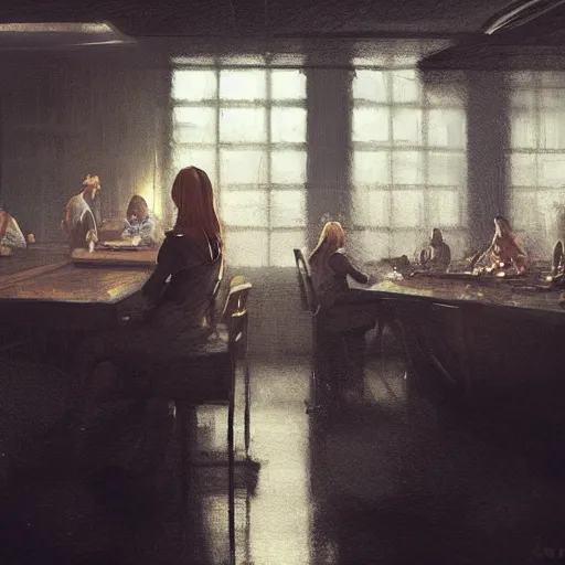 Image similar to concept art by greg rutkowski, a very tall, and slender woman with blond hair, sitting with the crew in the ship's dining room, brutalist futuristic interior, dark lighting atmosphere, detailed portraits, nostalgic atmosphere, scifi, digital painting, artstation, concept art, smooth, sharp foccus ilustration, artstation hq