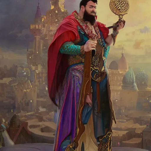 Prompt: charming tailor of middle - eastern descent, dressed in fine colorful robes and jewelry over fantasy armor, goatee, smirking, holding a magic needle, fantasy art by barret frymire by artem priakhin, art by artgerm and greg rutkowski and alphonse mucha, artstation, matte, illustration, intricate, highly - detailed high resolution