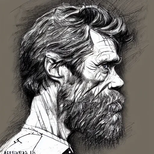 Image similar to a realistic yet scraggly portrait sketch of the side profile of a stern and sophisticated willem dafoe with a beard, trending on artstation, intricate details, in the style of frank auerbach, in the style of sergio aragones, in the style of martin ansin, in the style of david aja, in the style of mattias adolfsson