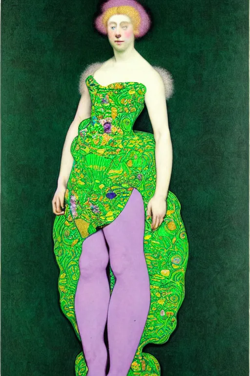 Prompt: full body portrait of a young pale woman with lilac hair, wearing a neon green dress by Vivienne Westwood, intricate details, super-flat, in the style of James Jean, Jean Auguste Dominique Ingres, Gustav Klimt, black background