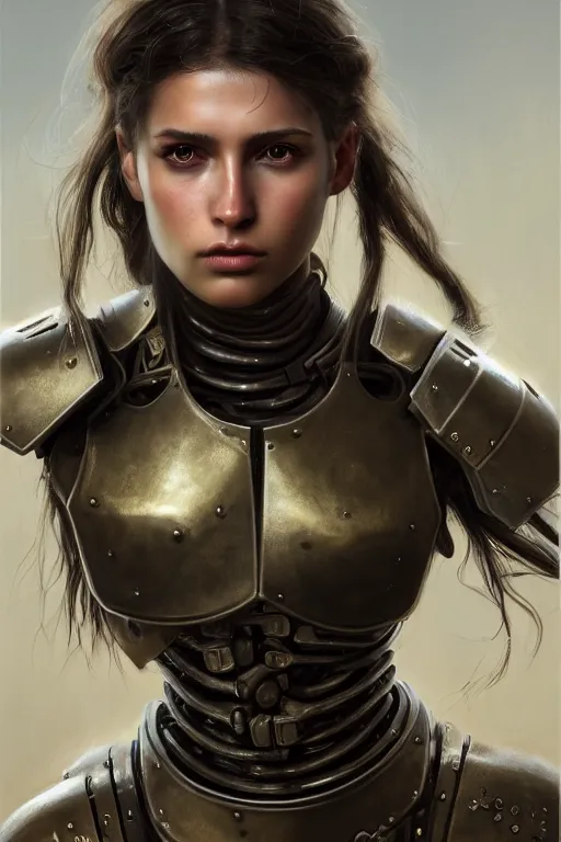 Image similar to a photorealistic painting of an attractive young girl, partially clothed in dirty metal-plated battle armor, dirty olive skin, long dark hair, beautiful bone structure, perfectly symmetrical face, perfect eyes, intricate, elegant, digital painting, concept art, illustration, sharp focus, minimal artifacts, volumetric lighting, from Metal Gear, in the style of Greg Rutkowski, trending on Artstation, award winning