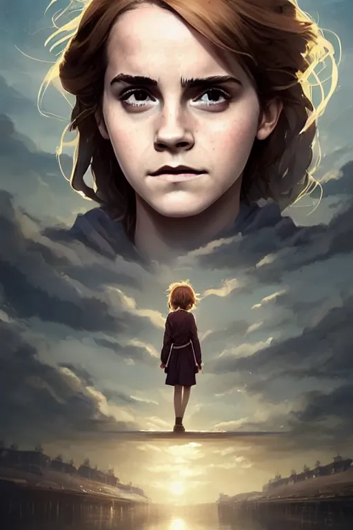 Image similar to Poster artwork, Emma Watson as Hermione Granger, magnificent, medium shot, close up, details, sharp focus, elegant, highly detailed, illustration, by Jordan Grimmer and greg rutkowski and PiNe(パイネ) and 薯子Imoko and 香川悠作 and wlop!! and maya takamura, intricate, beautiful, Trending artstation, pixiv, digital Art