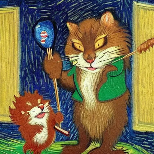 Prompt: a glorious norwegian forrest cat playing darts against a beaver wearing a top hat. in the style of van gogh