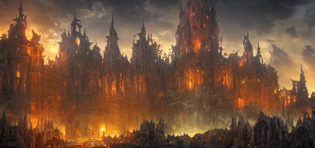 Prompt: a 3d realistic of hell city in the deepest hell, with magnificent castle with elaborate ornamentation, fantasy art, rendering in octane render, scfi, Jordan Grimmer, Noah Bradley