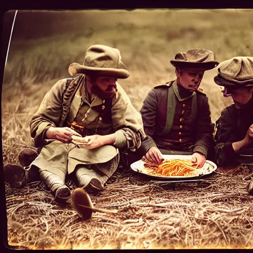 Image similar to eating spaghetti on the battlefield, american civil war, tintype sigma 5 0 mm, cinematic lighting, photography, wes anderson, kodachrome