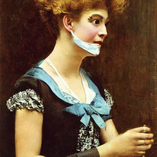 Prompt: portrait of a young woman wearing a carneval mask by alfred stevens