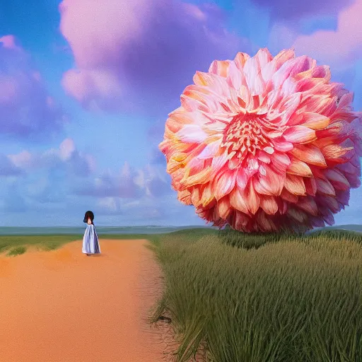 Image similar to portrait, giant dahlia flower head, girl walking between dunes, surreal photography, sunrise, blue sky, dramatic light, impressionist painting, digital painting, artstation, simon stalenhag