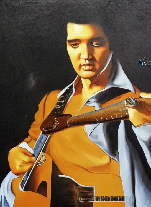 Image similar to oil painting of elvis presley by vermeer