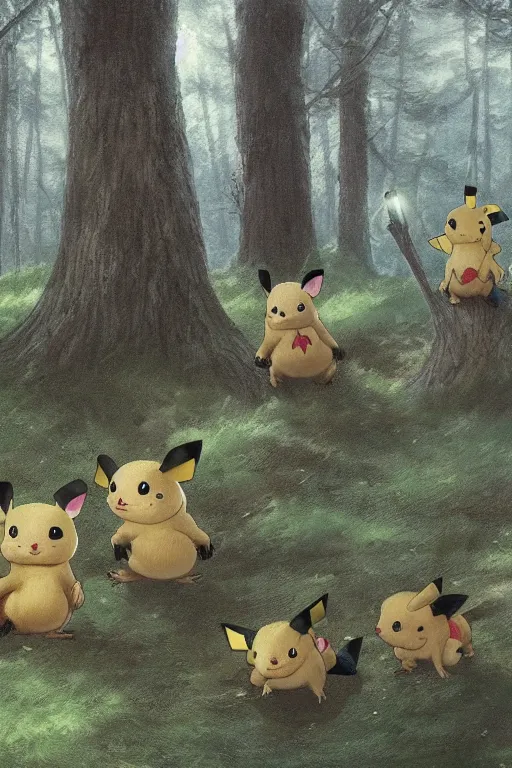 Prompt: A group of Pikachus in the forest, illustrated by Greg Rutkowski and Caspar David Friedrich., Trending on artstation, artstationHD, artstationHQ, 4k, 8k