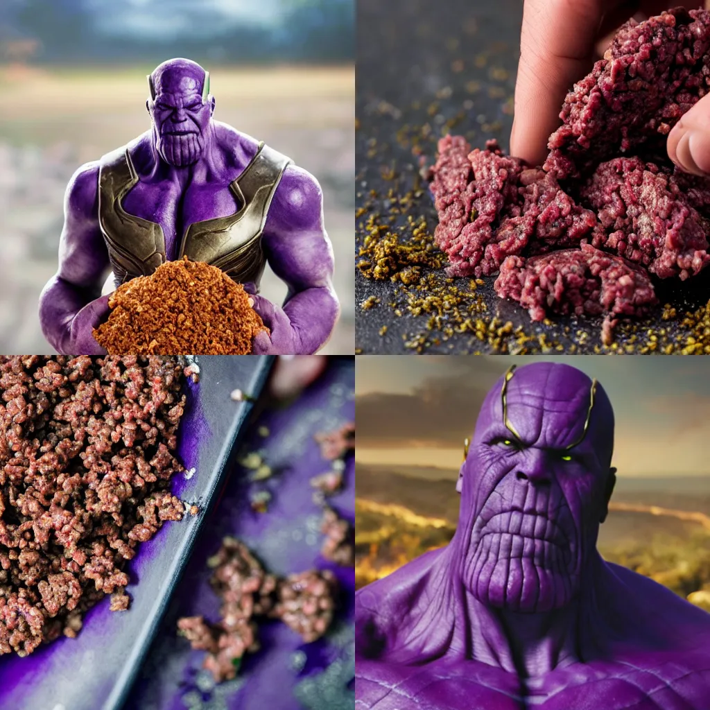 Prompt: thanos eating raw ground beef, cinematic photo 4k