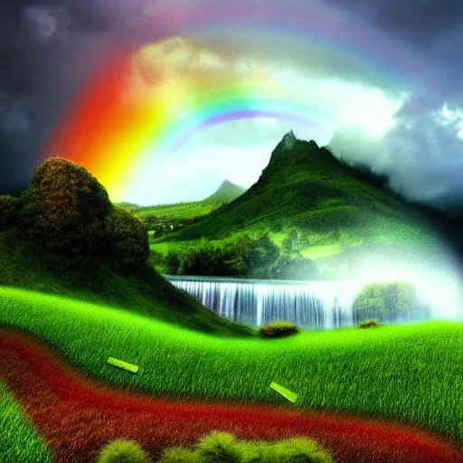 Prompt: fluffy, cloudy, rainbows, green, grass, waterfalls, mountains, cottage, realistic, sci - fi, futuristic