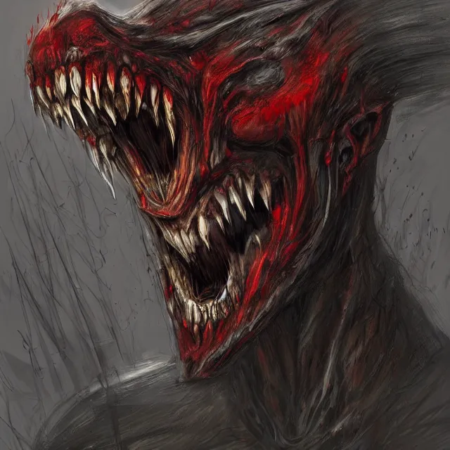 Image similar to concept art of a demonic devil with mismatched animal features a her bloody mouth open freakishly wide in the style of zdzisław beksinski in the style of h. r. giger trending on artstation deviantart pinterest furaffinity detailed realistic hd 8 k high resolution