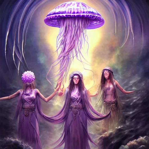 Prompt: A painting of priestesses worshipping at the jellyfish temple, shrouded in mist, jellyfish god, jellyfish priestess, jellyfish shrine maiden 8K, illustration, art by Artgerm and Justin Cheung and Gabriele Dell'Otto, smoke, undersea temple with fish, cinematic, insanely detailed and intricate, hypermaximalist, elegant, super detailed, award-winning, mauve and cinnabar and cyan, rainbow accents, mysterious, ancient, ritual, trending in cgsociety, artstation HQ, ornate, elite, haunting, matte painting, beautiful detailed, insanely intricate details, dreamy and ethereal, otherworldly