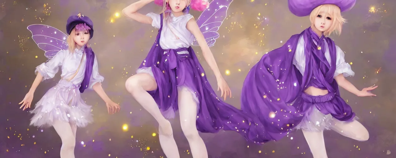 Image similar to Full View of a mysterious kpop fairy maidens with short blond hair wearing an oversized purple Beret, Baggy Purple overall shorts, Short Puffy pants made of silk, silk shoes, a big billowy scarf, Golden Ribbons, white leggings Covered in stars. Short Hair. peasant magic. masterpiece 4k digital illustration by Ruan Jia and Mandy Jurgens and Artgerm and william-adolphe bouguereau, award winning, Artstation, art nouveau aesthetic, Alphonse Mucha background, intricate details, realistic, panoramic view, Hyperdetailed, 8k resolution, intricate art nouveau, smooth, sharp focus