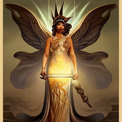 Prompt: detailed full body concept art illustration oil painting of Mayor Pete Executing Lady Liberty, oriental art nouveau, frock, mid body, radiant halo of light, black gold smoke ink, peter mohrbacher, artgerm