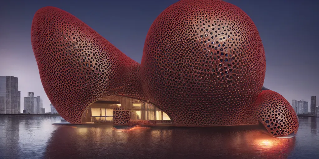 Prompt: An epic architectural rendering of a blob shaped trypophobia house with a mysterious red glow emitting from inside in a modern cityscape next to a river, by Zaha Hadid, stunning, gorgeous, golden ratio, photorealistic, featured on artstation, 4k resolution