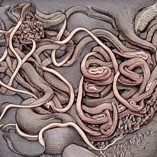 Image similar to miles of intestines filled with food, scientific illustration, gross, intricate detail, artgram,