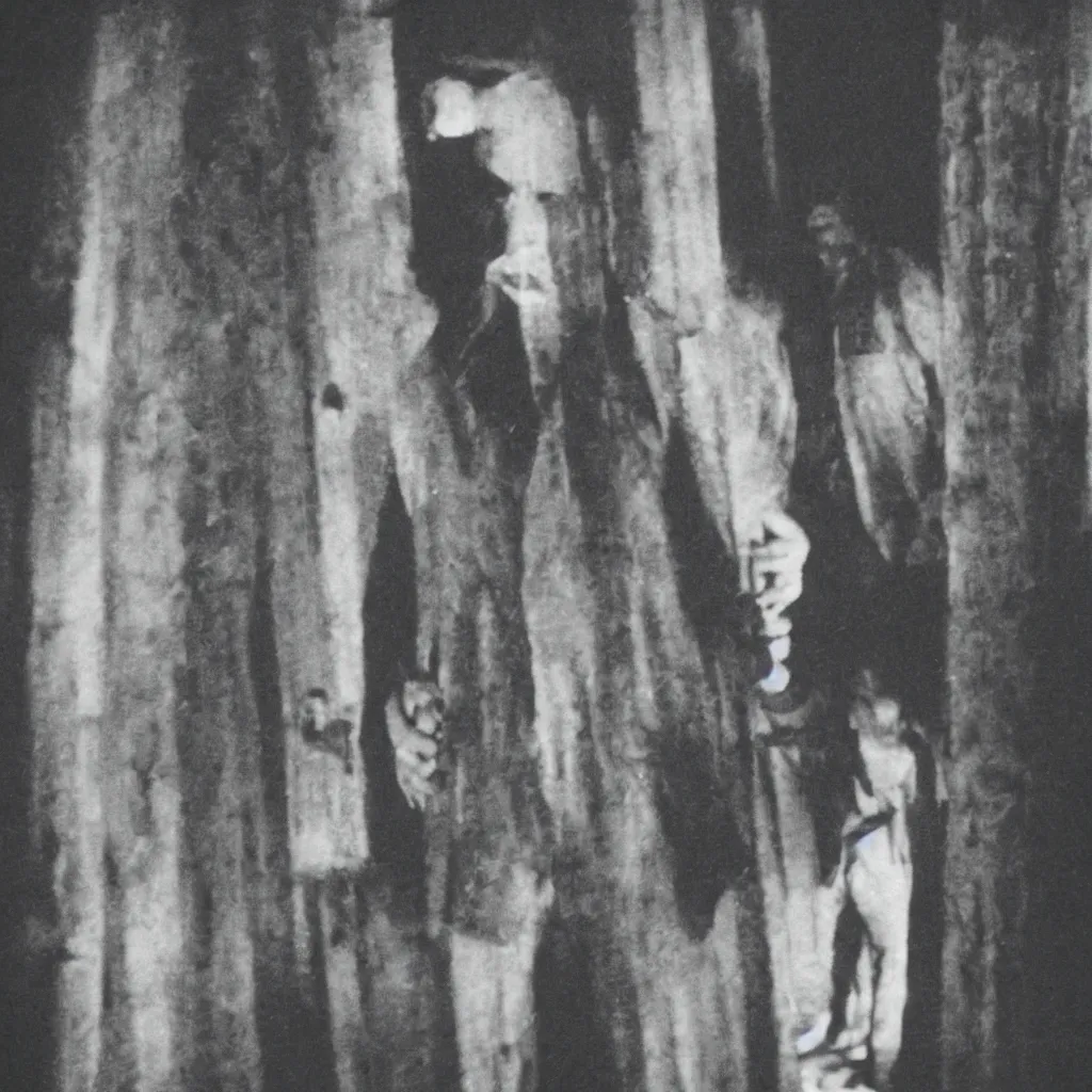 Image similar to film still of a horrid vampiric tall man hiding in a barnyard, horror movie, eerie, creepy, grainy, polaroid, found footage, great cinematography