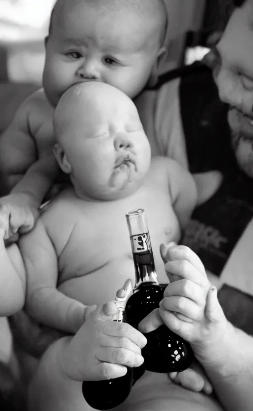 Image similar to fat baby drinks a bottle of whisky