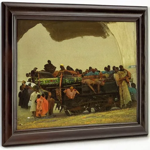 Prompt: train travelling in nigeria, from above, 1885, highly detailed oil on canvas, by Ilya Repin