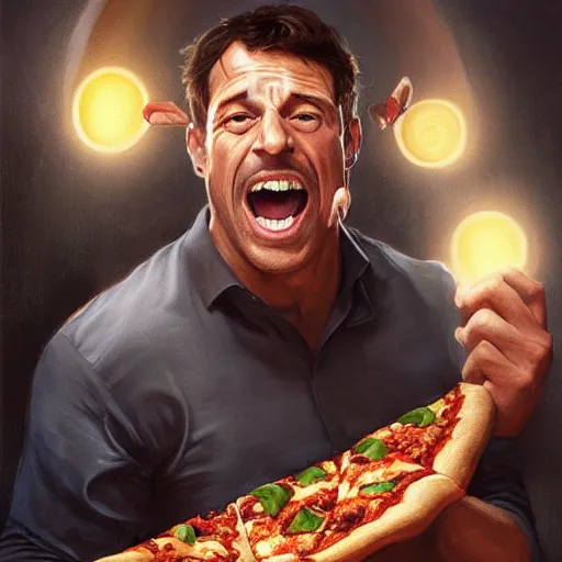 Prompt: portrait of Tony Robbins opening his mouth to eat pizza, also smashing pizza with his fists, highly detailed, digital painting, artstation, concept art, sharp focus, illustration, art by artgerm and greg rutkowski and alphonse mucha