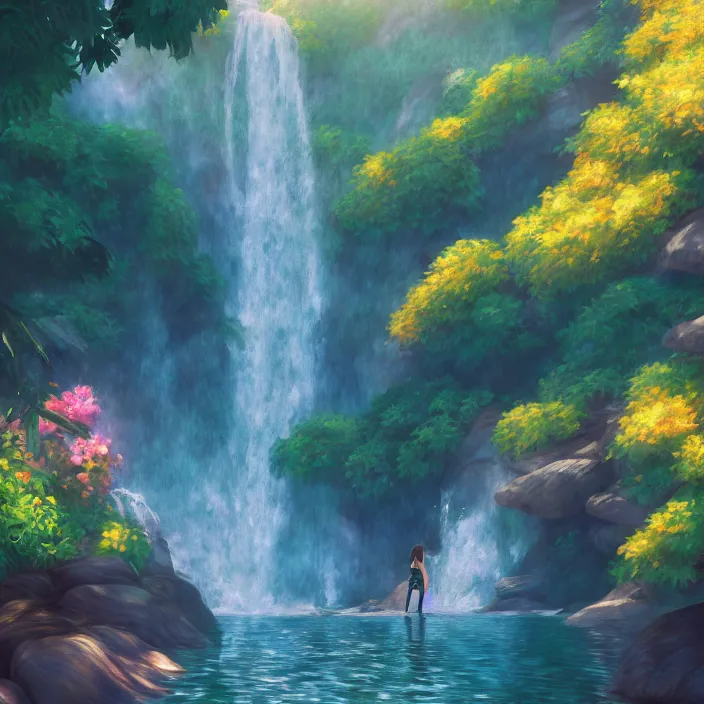 Image similar to an epic makoto shinkai and renoir landscape with a hawaiian waterfall, golden hour, 🌺, ultra smooth, lois van baarle, ilya kuvshinov, unreal engine, blender, trending on artstation, suntur, caleb worcester, highly detailed, photorealism, bloom effect 8 k