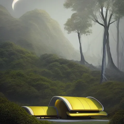 Prompt: futuristic yellow house between hills with big trees, monks walking, multiple moons, dramatic lighting, artstation, matte painting, raphael lacoste, simon stalenhag, frank lloyd wright, zaha hadid